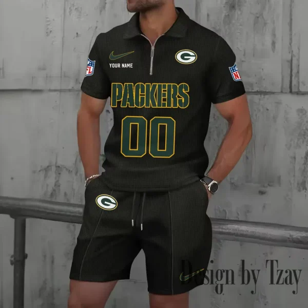 Green Bay Packers New Summer Waffle Zip-up Lapel Short-Sleeve Suit Sets SPTWZSSSTS044 - Image 2