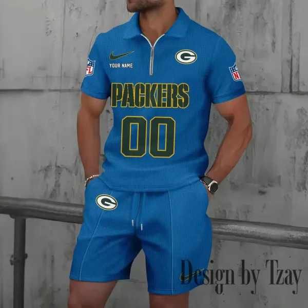 Green Bay Packers New Summer Waffle Zip-up Lapel Short-Sleeve Suit Sets SPTWZSSSTS044 - Image 3