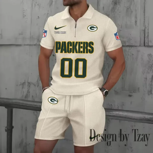 Green Bay Packers New Summer Waffle Zip-up Lapel Short-Sleeve Suit Sets SPTWZSSSTS044 - Image 4