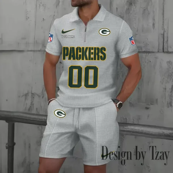 Green Bay Packers New Summer Waffle Zip-up Lapel Short-Sleeve Suit Sets SPTWZSSSTS044 - Image 5