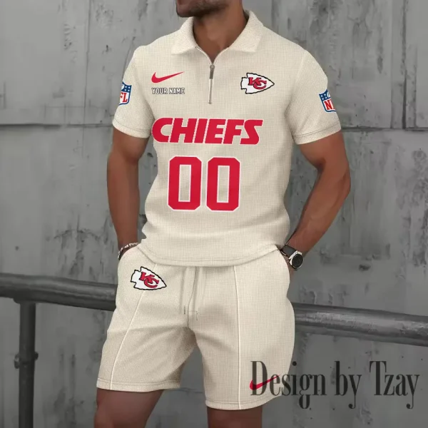 Kansas City Chiefs New Summer Waffle Zip-up Lapel Short-Sleeve Suit Sets SPTWZSSSTS048 - Image 2