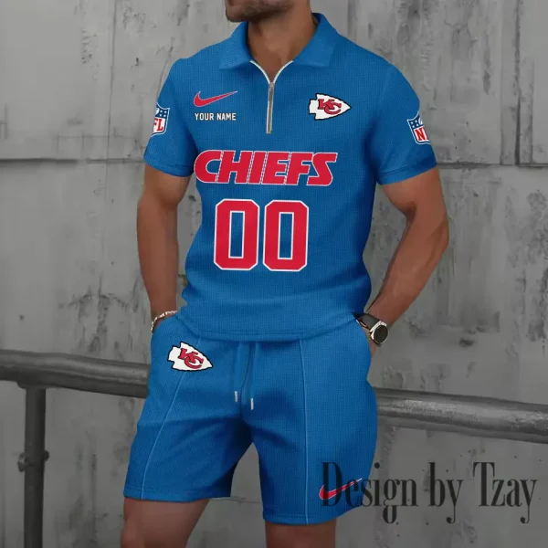 Kansas City Chiefs New Summer Waffle Zip-up Lapel Short-Sleeve Suit Sets SPTWZSSSTS048 - Image 3