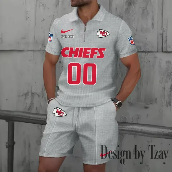 Kansas City Chiefs New Summer Waffle Zip-up Lapel Short-Sleeve Suit Sets SPTWZSSSTS048 - Image 4