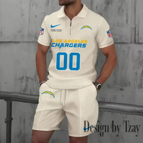 Los Angeles Chargers New Summer Waffle Zip-up Lapel Short-Sleeve Suit Sets SPTWZSSSTS050 - Image 2