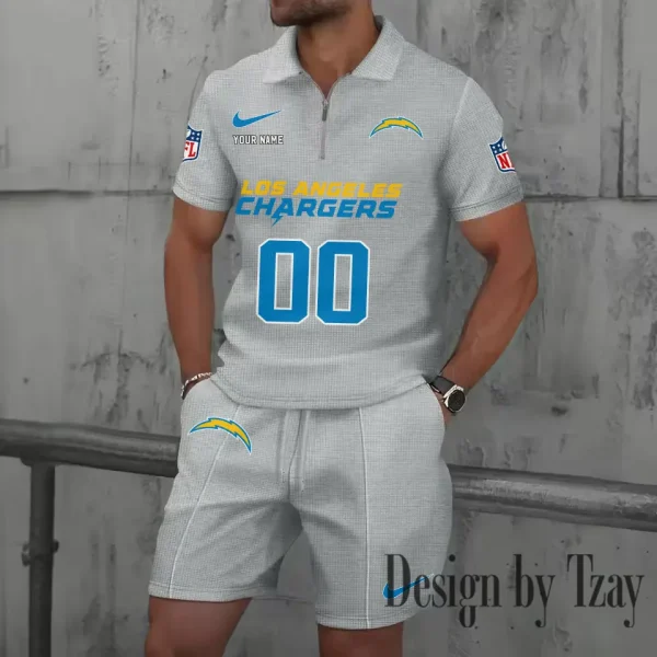 Los Angeles Chargers New Summer Waffle Zip-up Lapel Short-Sleeve Suit Sets SPTWZSSSTS050 - Image 3