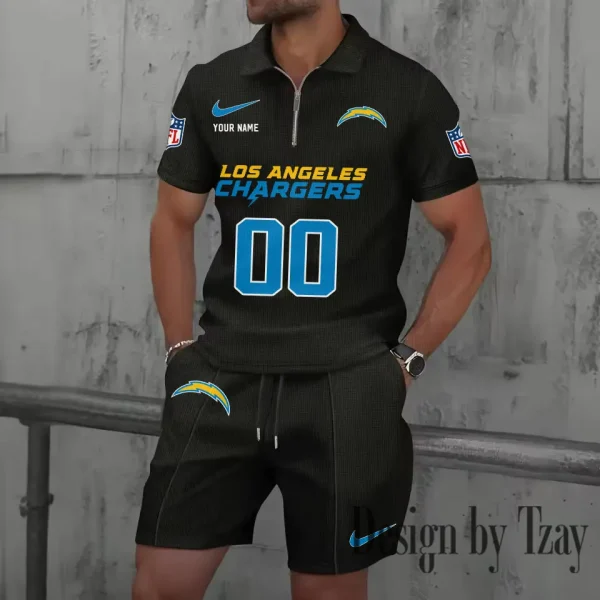 Los Angeles Chargers New Summer Waffle Zip-up Lapel Short-Sleeve Suit Sets SPTWZSSSTS050 - Image 4