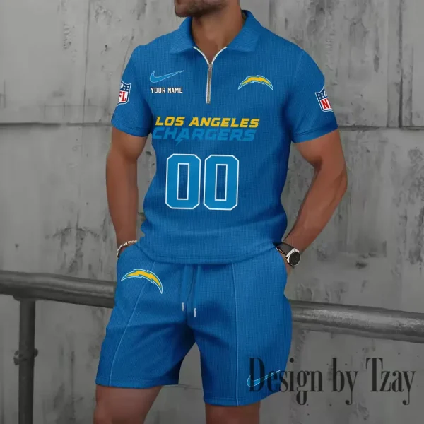 Los Angeles Chargers New Summer Waffle Zip-up Lapel Short-Sleeve Suit Sets SPTWZSSSTS050 - Image 5