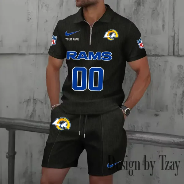 Los Angeles Rams New Summer Waffle Zip-up Lapel Short-Sleeve Suit Sets SPTWZSSSTS051 - Image 3