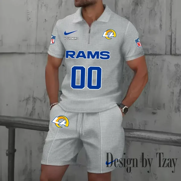 Los Angeles Rams New Summer Waffle Zip-up Lapel Short-Sleeve Suit Sets SPTWZSSSTS051 - Image 5