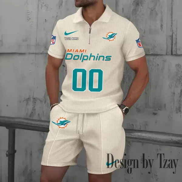Miami Dolphins New Summer Waffle Zip-up Lapel Short-Sleeve Suit Sets SPTWZSSSTS052 - Image 2