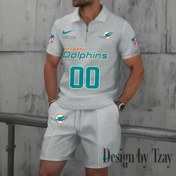 Miami Dolphins New Summer Waffle Zip-up Lapel Short-Sleeve Suit Sets SPTWZSSSTS052 - Image 3
