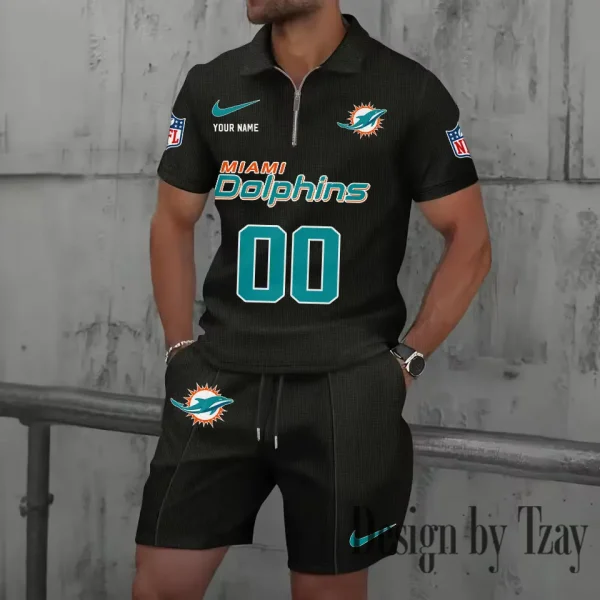 Miami Dolphins New Summer Waffle Zip-up Lapel Short-Sleeve Suit Sets SPTWZSSSTS052 - Image 4
