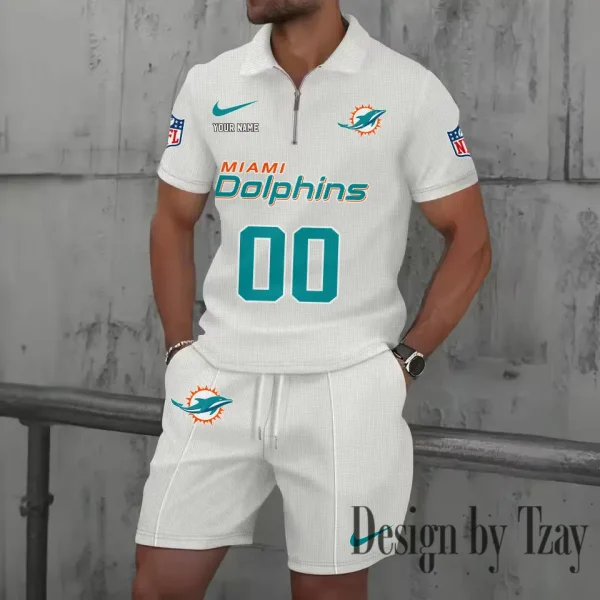 Miami Dolphins New Summer Waffle Zip-up Lapel Short-Sleeve Suit Sets SPTWZSSSTS052 - Image 5