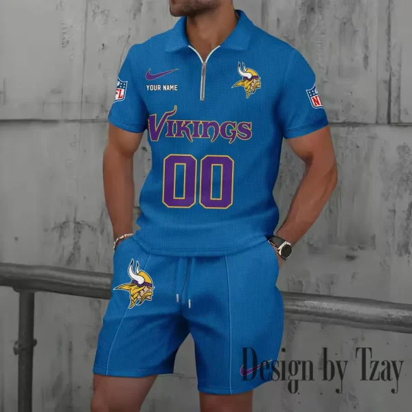Minnesota Vikings New Summer Waffle Zip-up Lapel Short-Sleeve Suit Sets SPTWZSSSTS053 - Image 2