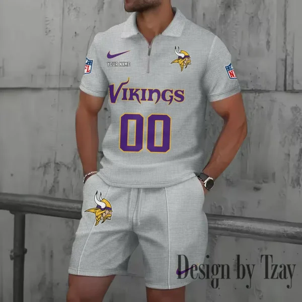 Minnesota Vikings New Summer Waffle Zip-up Lapel Short-Sleeve Suit Sets SPTWZSSSTS053 - Image 3
