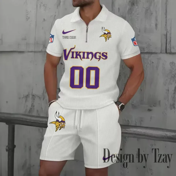 Minnesota Vikings New Summer Waffle Zip-up Lapel Short-Sleeve Suit Sets SPTWZSSSTS053 - Image 4
