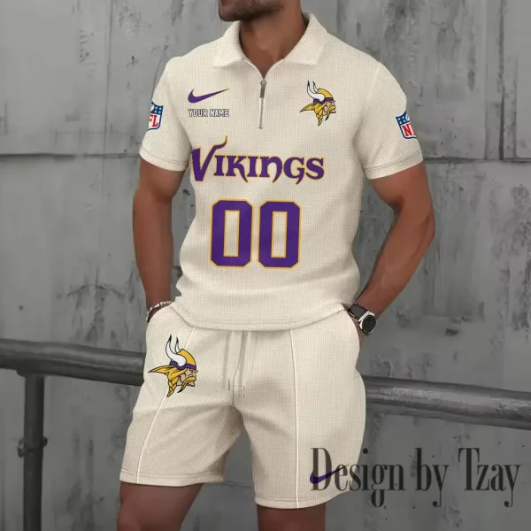 Minnesota Vikings New Summer Waffle Zip-up Lapel Short-Sleeve Suit Sets SPTWZSSSTS053 - Image 5