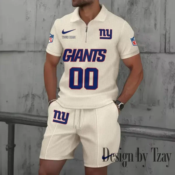 New York Giants New Summer Waffle Zip-up Lapel Short-Sleeve Suit Sets SPTWZSSSTS056