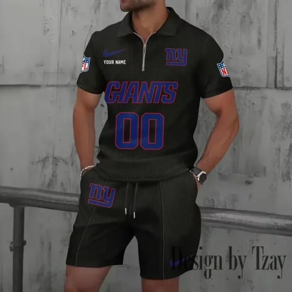New York Giants New Summer Waffle Zip-up Lapel Short-Sleeve Suit Sets SPTWZSSSTS056 - Image 2