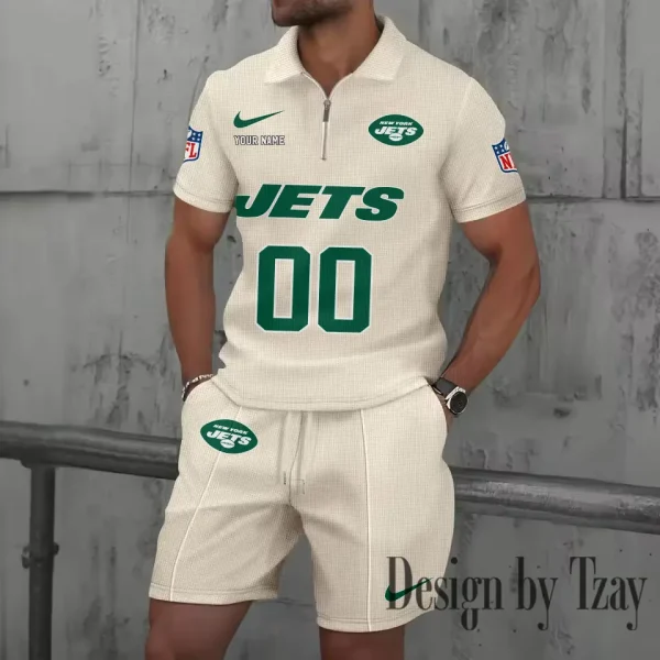 New York Jets New Summer Waffle Zip-up Lapel Short-Sleeve Suit Sets SPTWZSSSTS057