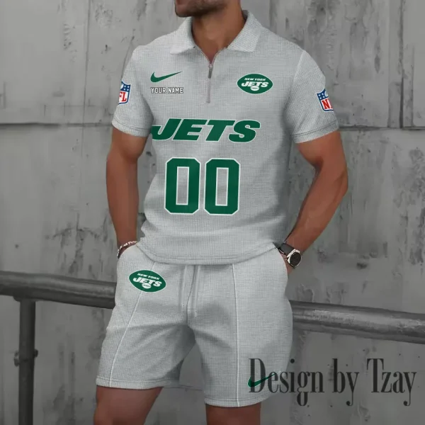 New York Jets New Summer Waffle Zip-up Lapel Short-Sleeve Suit Sets SPTWZSSSTS057 - Image 2
