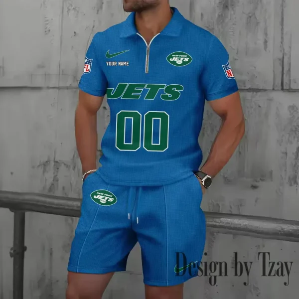 New York Jets New Summer Waffle Zip-up Lapel Short-Sleeve Suit Sets SPTWZSSSTS057 - Image 3