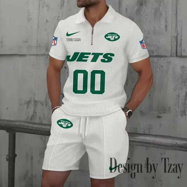 New York Jets New Summer Waffle Zip-up Lapel Short-Sleeve Suit Sets SPTWZSSSTS057 - Image 5