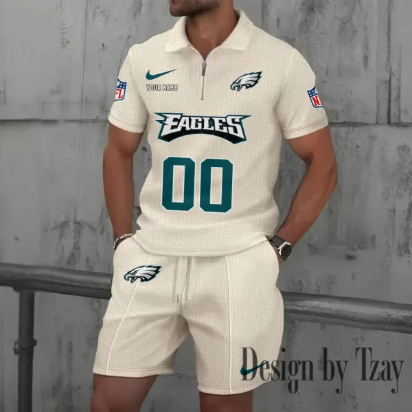 Philadelphia Eagles New Summer Waffle Zip-up Lapel Short-Sleeve Suit Sets SPTWZSSSTS058 - Image 3