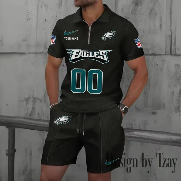Philadelphia Eagles New Summer Waffle Zip-up Lapel Short-Sleeve Suit Sets SPTWZSSSTS058 - Image 5