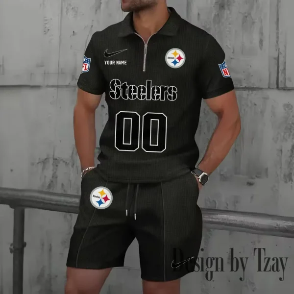 Pittsburgh Steelers New Summer Waffle Zip-up Lapel Short-Sleeve Suit Sets SPTWZSSSTS059