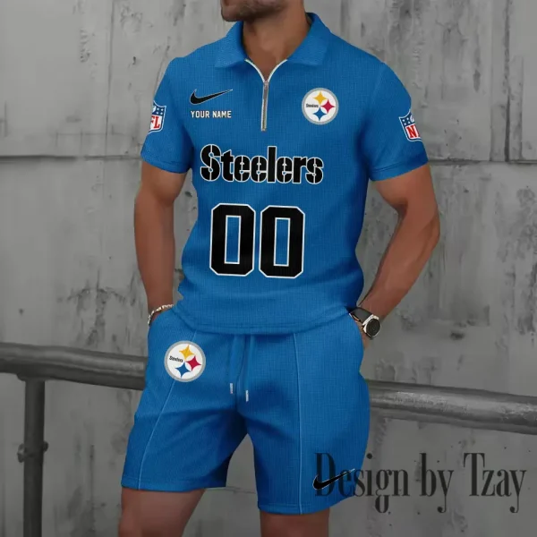 Pittsburgh Steelers New Summer Waffle Zip-up Lapel Short-Sleeve Suit Sets SPTWZSSSTS059 - Image 2