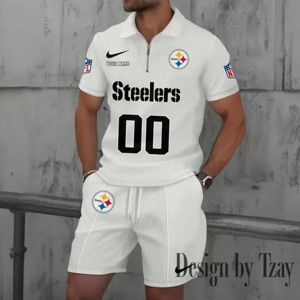 Pittsburgh Steelers New Summer Waffle Zip-up Lapel Short-Sleeve Suit Sets SPTWZSSSTS059 - Image 3