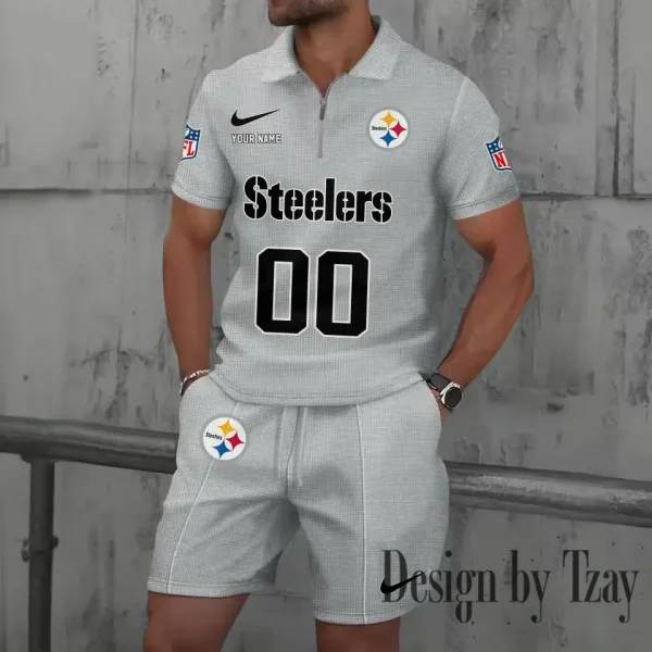 Pittsburgh Steelers New Summer Waffle Zip-up Lapel Short-Sleeve Suit Sets SPTWZSSSTS059 - Image 4