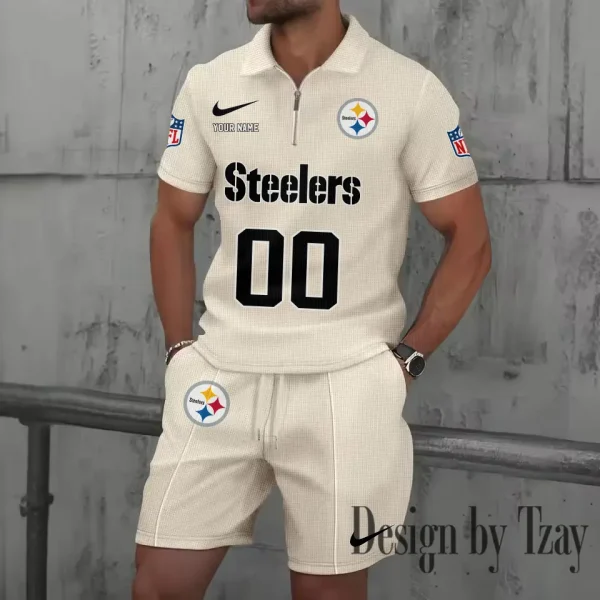 Pittsburgh Steelers New Summer Waffle Zip-up Lapel Short-Sleeve Suit Sets SPTWZSSSTS059 - Image 5