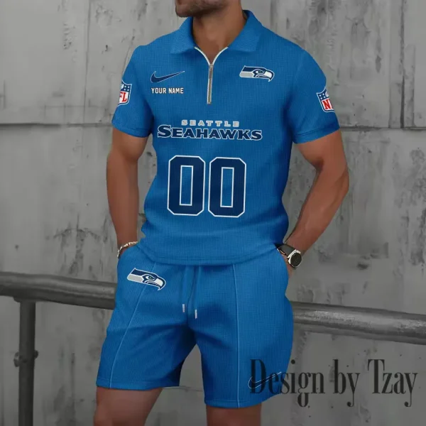 Seattle Seahawks New Summer Waffle Zip-up Lapel Short-Sleeve Suit Sets SPTWZSSSTS061 - Image 3