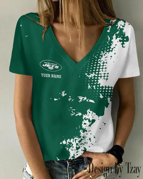 New York Jets Girl Clothes Summer V-neck Short-sleeved Tees New 2025 AGCWTS1118 - Image 3