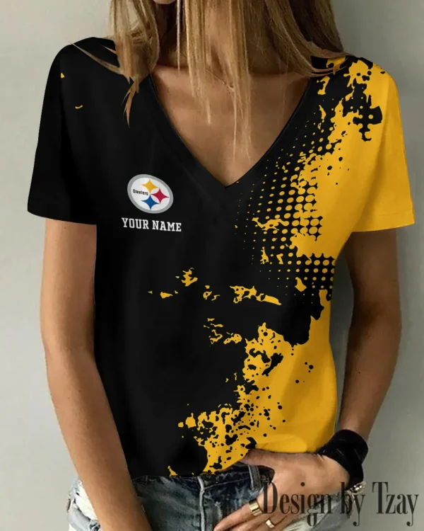 Pittsburgh Steelers Girl Clothes Summer V-neck Short-sleeved Tees New 2025 AGCWTS1120 - Image 3