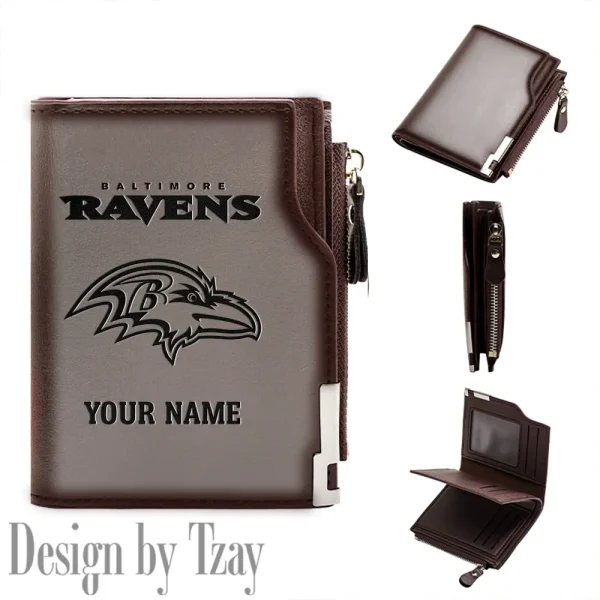 Baltimore Ravens Men Zipper Closure Short Bifold Leather Card Holder SPTMZCSBLCH003