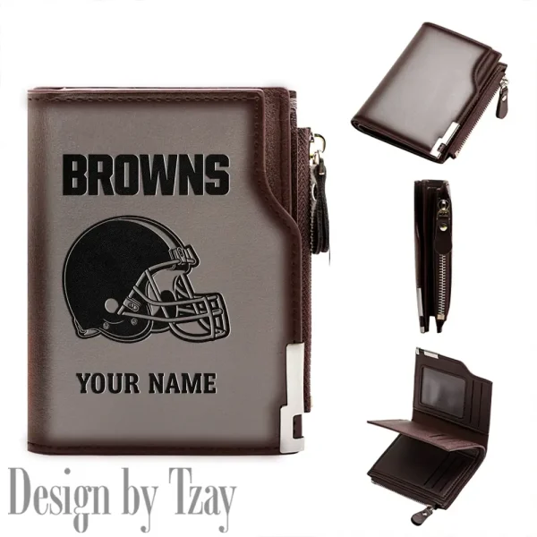 Cleveland Browns Men Zipper Closure Short Bifold Leather Card Holder SPTMZCSBLCH008