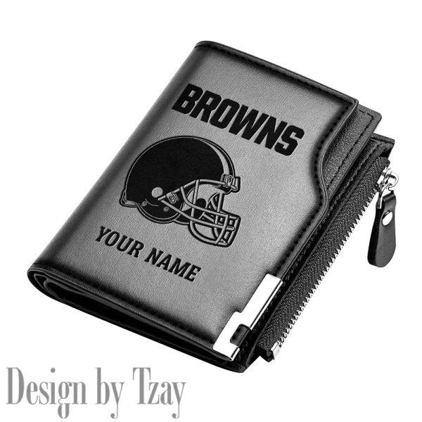 Cleveland Browns Men Zipper Closure Short Bifold Leather Card Holder SPTMZCSBLCH008 - Image 3