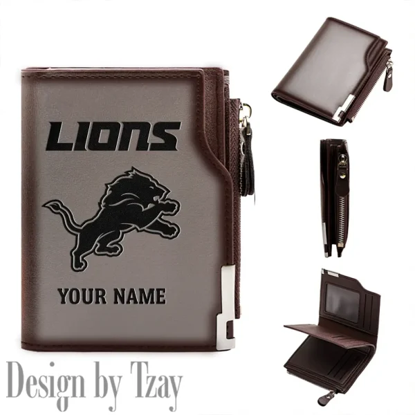 Detroit Lions Men Zipper Closure Short Bifold Leather Card Holder SPTMZCSBLCH011