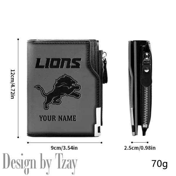 Detroit Lions Men Zipper Closure Short Bifold Leather Card Holder SPTMZCSBLCH011 - Image 4