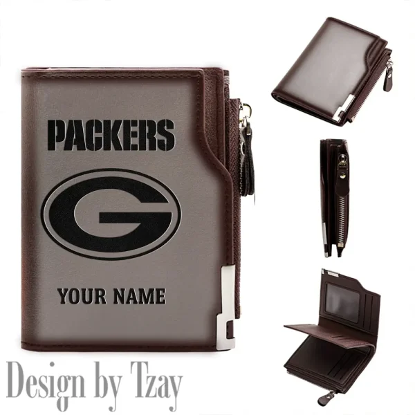 Green Bay Packers Men Zipper Closure Short Bifold Leather Card Holder SPTMZCSBLCH012