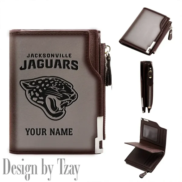 Jacksonville Jaguars Men Zipper Closure Short Bifold Leather Card Holder SPTMZCSBLCH015