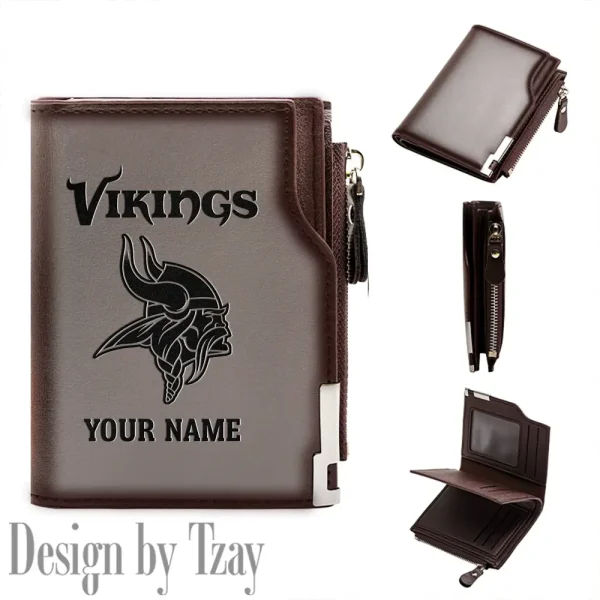 Minnesota Vikings Men Zipper Closure Short Bifold Leather Card Holder SPTMZCSBLCH021