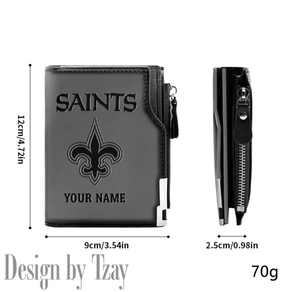 New Orleans Saints Men Zipper Closure Short Bifold Leather Card Holder SPTMZCSBLCH023 - Image 2