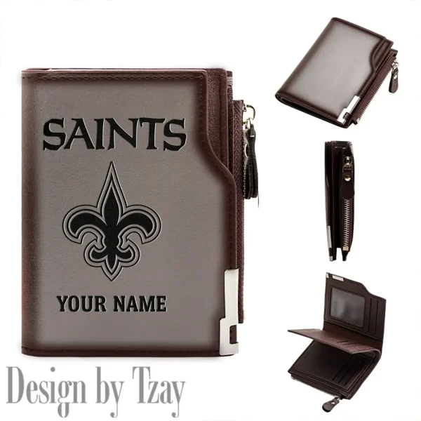 New Orleans Saints Men Zipper Closure Short Bifold Leather Card Holder SPTMZCSBLCH023
