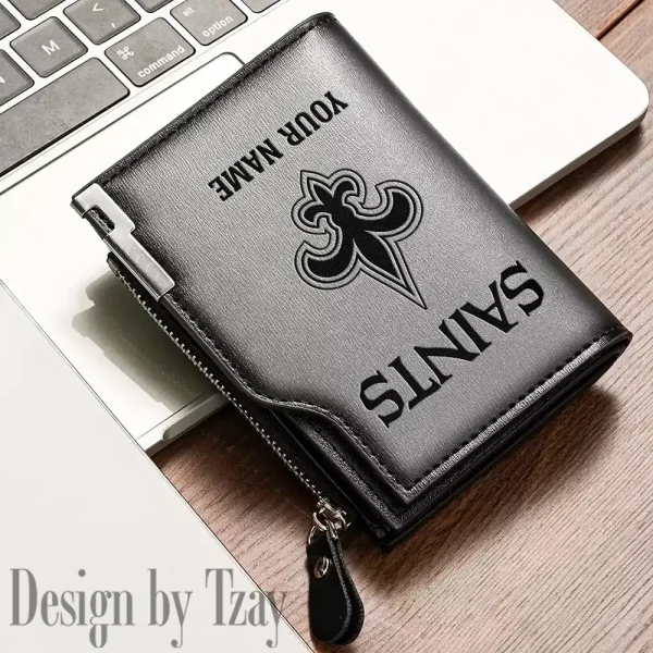New Orleans Saints Men Zipper Closure Short Bifold Leather Card Holder SPTMZCSBLCH023 - Image 3