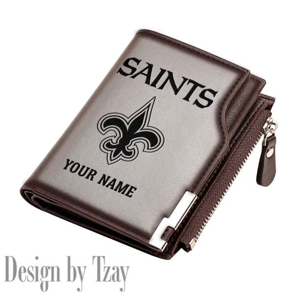 New Orleans Saints Men Zipper Closure Short Bifold Leather Card Holder SPTMZCSBLCH023 - Image 4