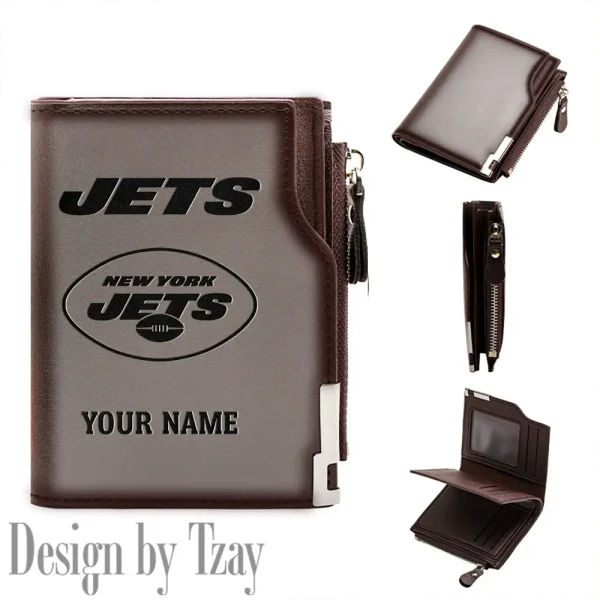 New York Jets Men Zipper Closure Short Bifold Leather Card Holder SPTMZCSBLCH025